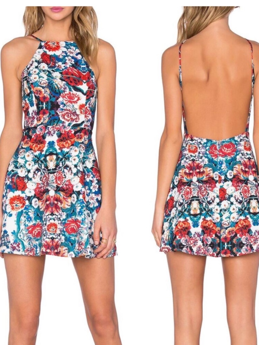 NBD Floral Revolve Halter Mini Sundress in Teal & Red Size M Vacation Cruise